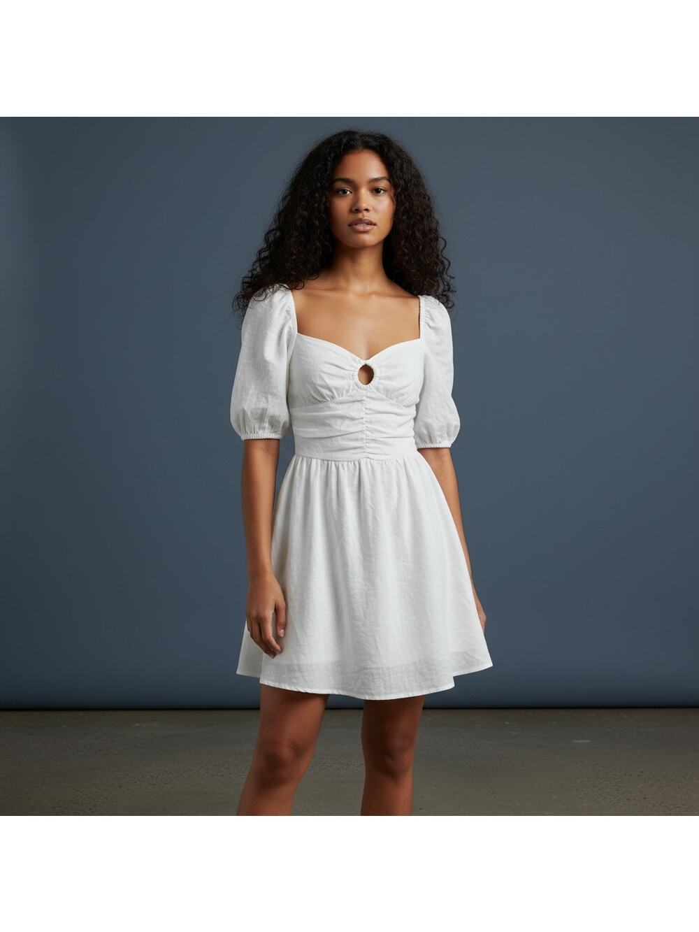 DISSH White 100% Linen Ruched Puff Sleeve Keyhole Mini Dress Size 4